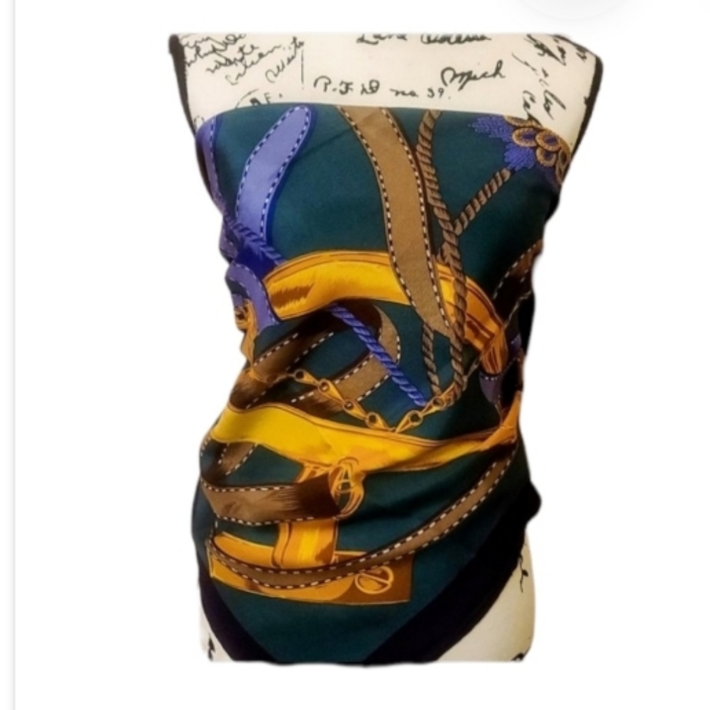 Celine Navy Blue Brown Gold Printed Silk Scarf - Picture 6 of 13